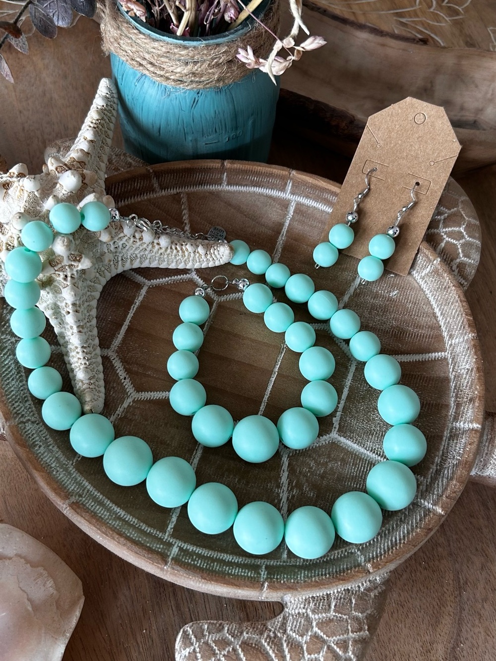 Mint Green 3-Piece Handmade woman’s Jewelry Set earrings,necklace , bracelet